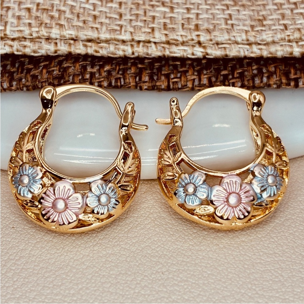 Floral Gold Metallic Enamel Hoop Earrings